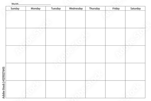 Blank calendar page. Simple monthly planner. Grid layout schedule. Vector illustration.