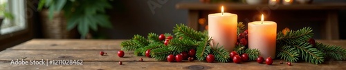 Cozy candles on a rustic table surrounded by pine and festive decorations. photo