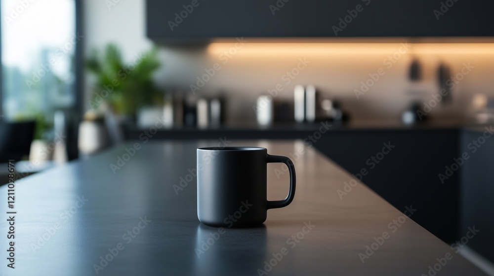 Stylish coffee cup on island or countertop in contemporary kitchen. Stylish coffee cup on island or countertop in contemporary kitchen.