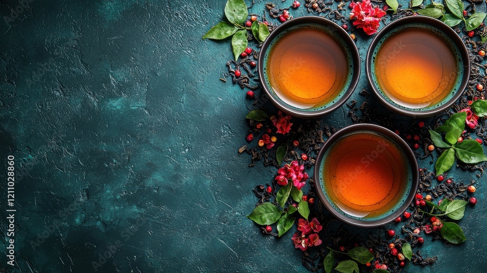 Three bowls of herbal tea surrounded by colorful spices and leaves on a textured dark surface Three bowls of herbal tea surrounded by colorful spices and leaves on a textured dark surface