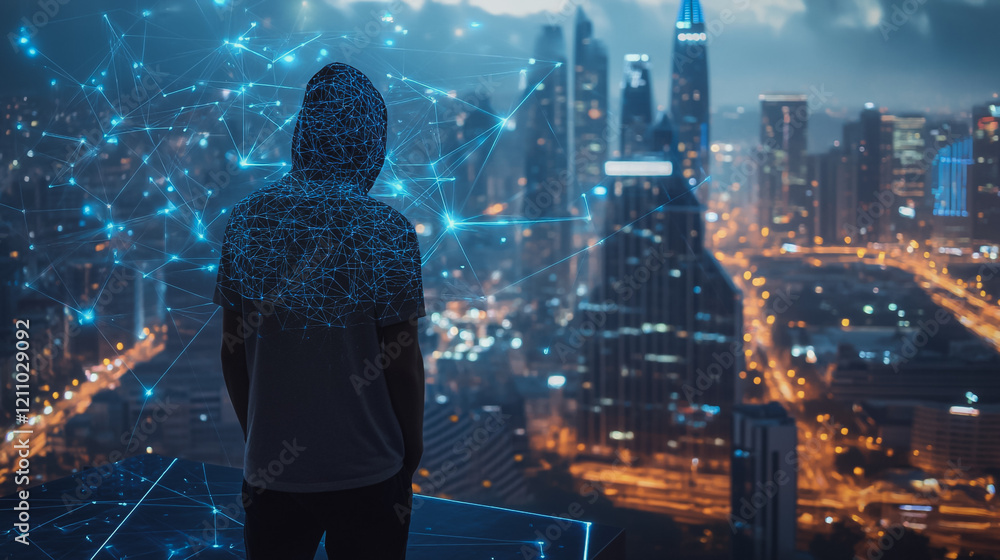 Hacker are planning to hack and attack networks and cyber security systems.Smart digital Innovation city with connection network reciprocity over the cityscape Hacker are planning to hack and attack networks and cyber security systems.Smart digital Innovation city with connection network reciprocity over the cityscape
