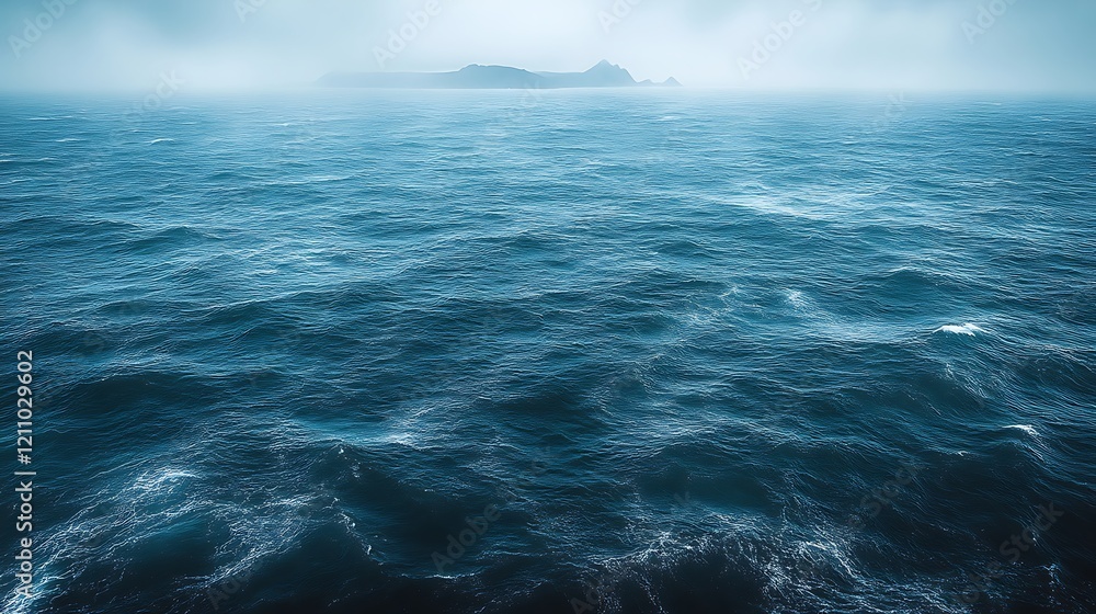 Fototapeta premium Misty Ocean Scene Distant Island Silhouette