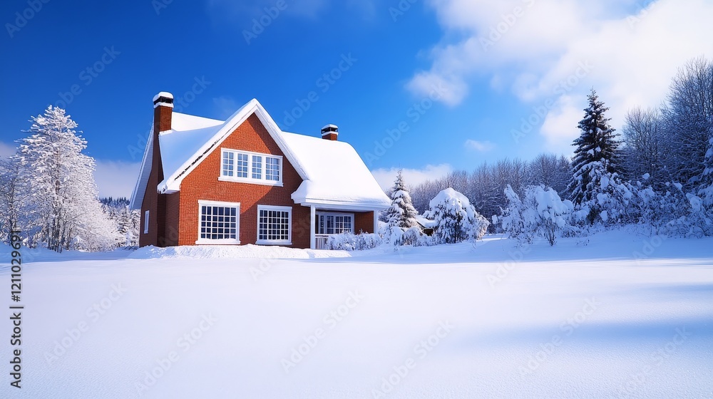 A cozy red house surrounded by snow-covered landscape under a bright blue sky. A cozy red house surrounded by snow-covered landscape under a bright blue sky.