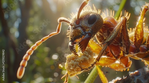 Ant Carrying Food: Close-up of an ant’s segmented body and powerful mandibles as it carries a small crumb, showcasing its strength and teamwork in action.
 photo