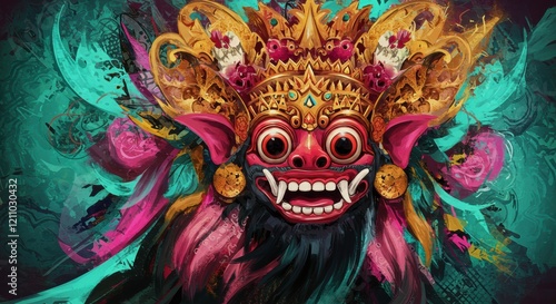 Rangda Demon Mask: A vibrant and expressive digital painting of a Rangda mask, a powerful Balinese demon, set against a dynamic background of swirling teal and magenta hues. photo