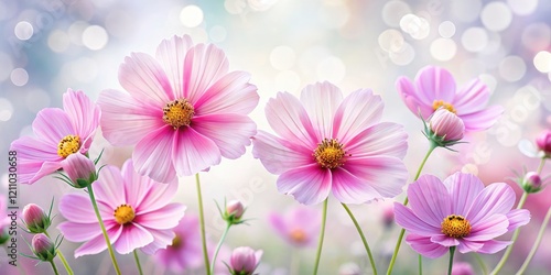 Isolated light pink cosmos posy, bokeh background enhances the pretty floral image's soft focus.