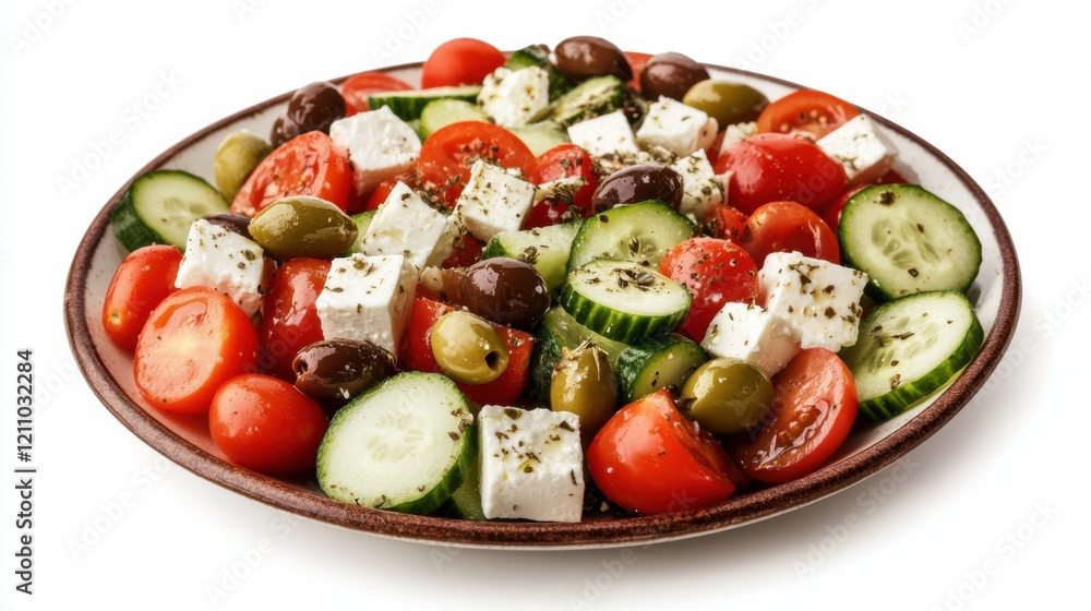A plate of colorful Greek salad with ripe tomatoes, cucumbers, olives A plate of colorful Greek salad with ripe tomatoes, cucumbers, olives