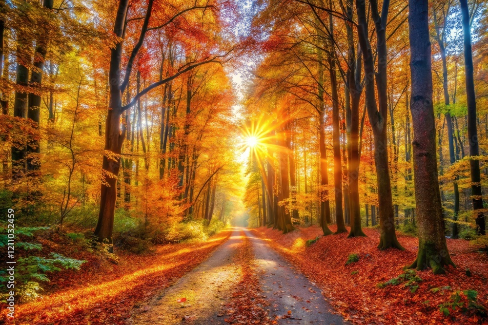 Long exposure reveals fall's magic: a tranquil forest path bathed in autumn's glow. Long exposure reveals fall's magic: a tranquil forest path bathed in autumn's glow.
