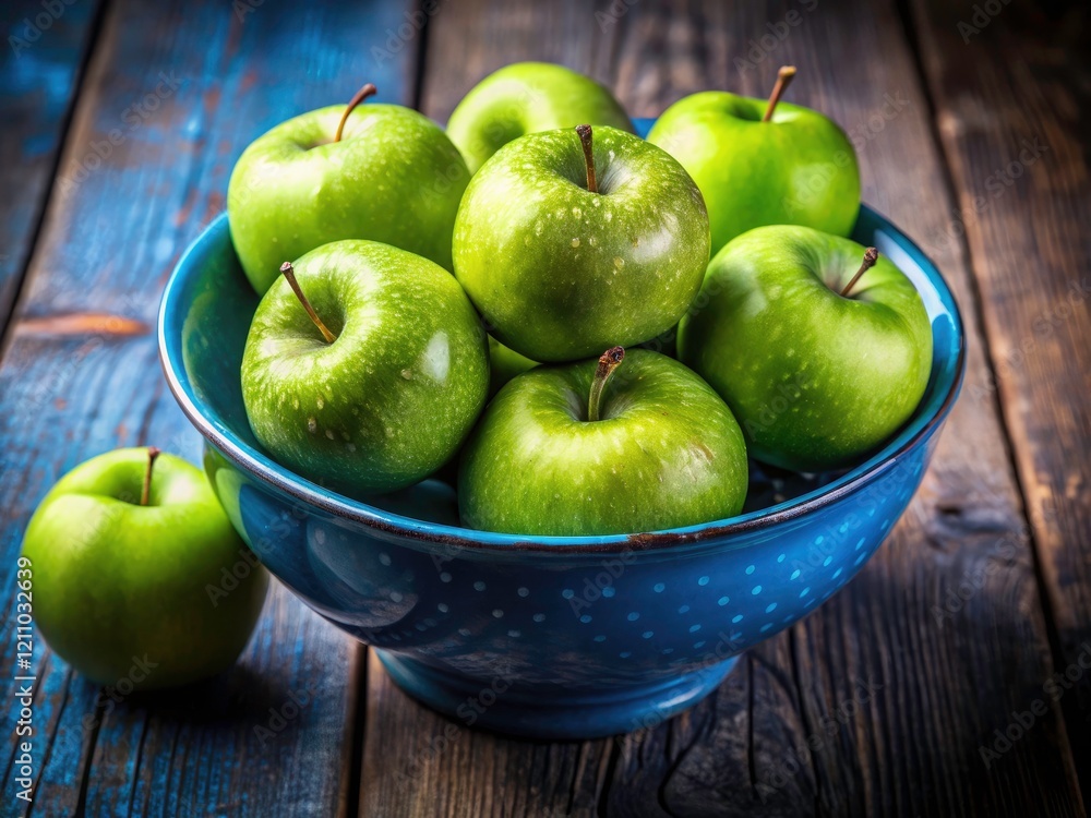 Fresh Green Apples in Blue Bowl - Vibrant Produce Photography Fresh Green Apples in Blue Bowl - Vibrant Produce Photography