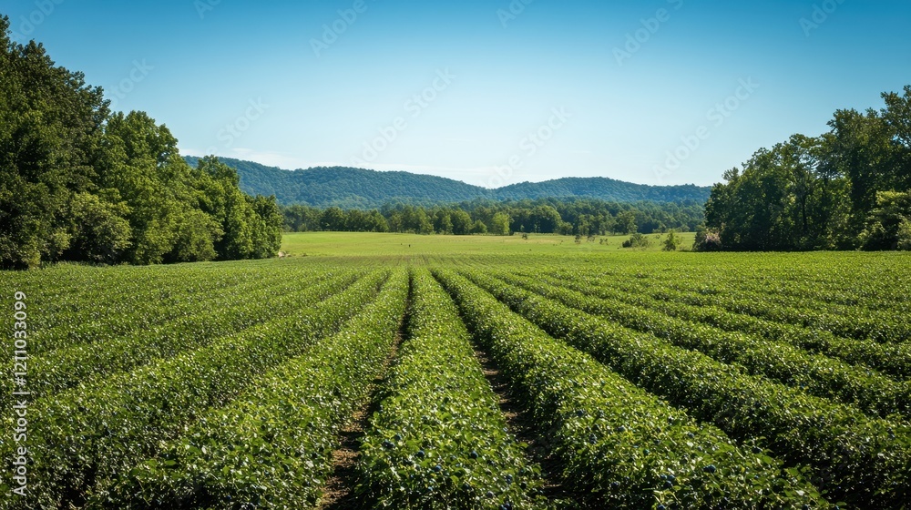 Rows of lush green crops stretch to distant hills under a clear blue sky. Ideal for illustrating agriculture, farming, or sustainable practices. Rows of lush green crops stretch to distant hills under a clear blue sky. Ideal for illustrating agriculture, farming, or sustainable practices.