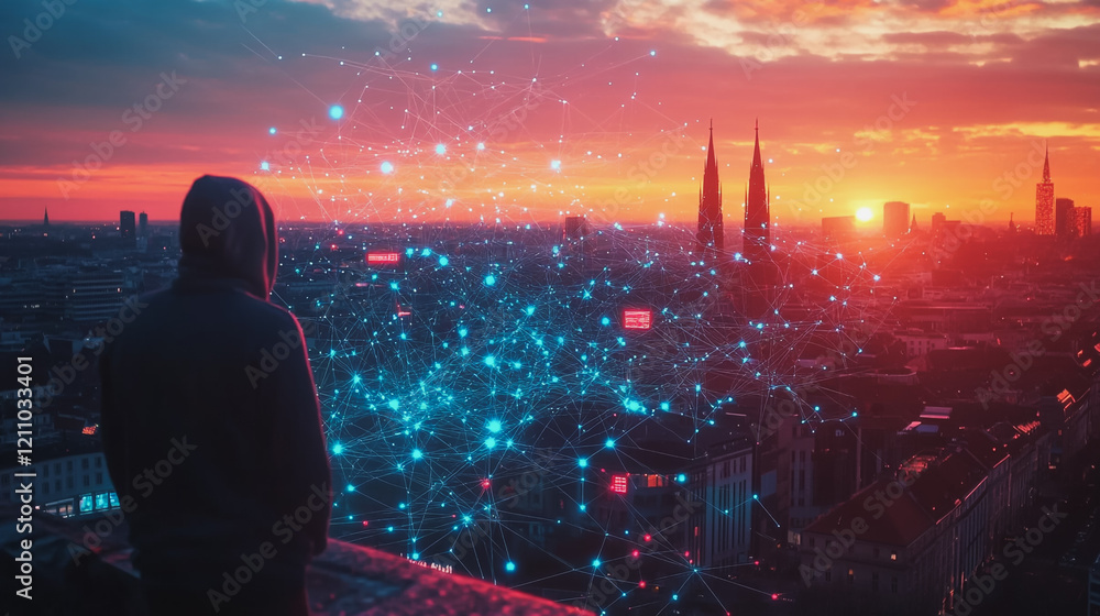 Fototapeta premium Hacker are planning to hack and attack networks and cyber security systems.Smart digital city with connection Innovation network reciprocity over the cityscape