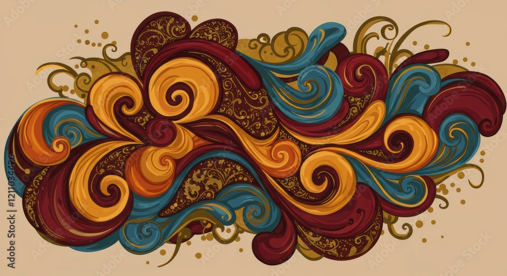 Abstract Whirlwind: A vibrant abstract design of swirling, interlacing lines and shapes in shades of teal, orange, and red.