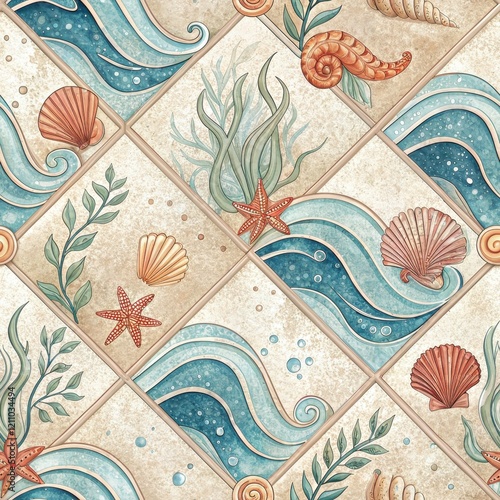 Seamless Ocean Wave Pattern with Seashells Starfish Seaweed on Beige Tiles