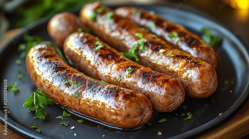 Deliciously Grilled Sausages with Herb Garnish on a Platter Deliciously Grilled Sausages with Herb Garnish on a Platter