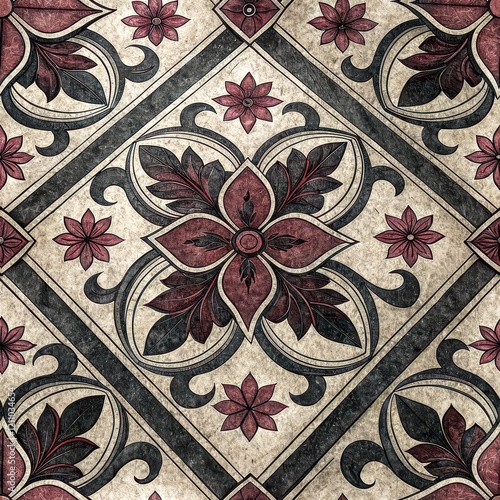 Elegant Vintage Floral Tile Pattern Ornate Maroon and Beige Design Seamless Texture