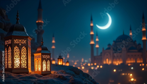 An enchanting Ramadan-themed composition featuring a glowing ornate lantern on a rooftop, with multiple mosques and stars creating a peaceful ambiance photo