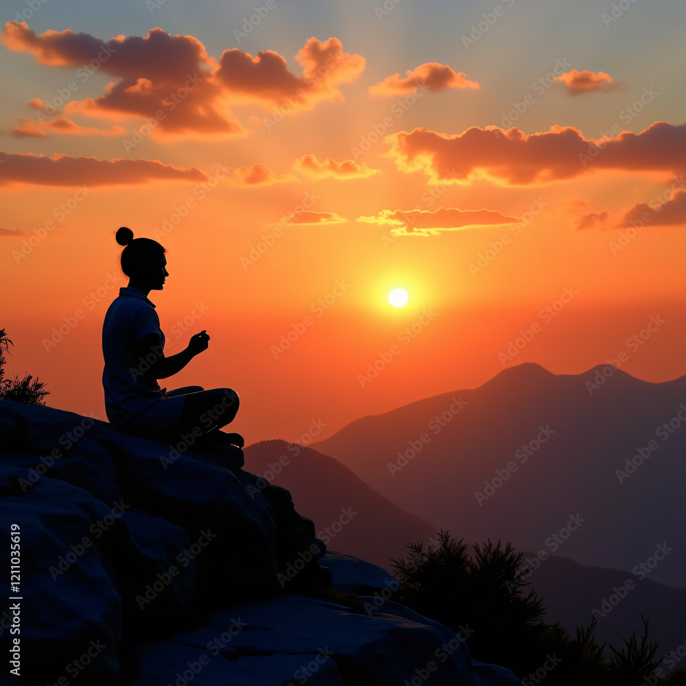 silhouette of a person meditating on the top of the mountain silhouette of a person meditating on the top of the mountain