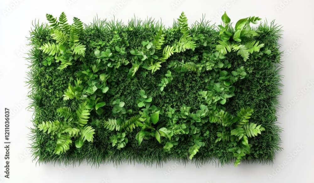 Fototapeta premium Artificial green plant wall with grass and leaves, isolated on a white background