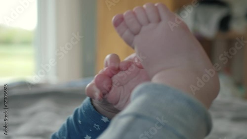 Wallpaper Mural Little baby is joyfully engaging with their tiny feet while lying, close up. Infant showcasing their playful innocence, genuine curiosity, and carefree demeanor Torontodigital.ca