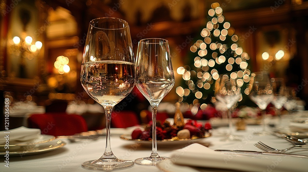 Elegant Christmas Dinner Party Setting with Wine Glasses and Decorated Tree Elegant Christmas Dinner Party Setting with Wine Glasses and Decorated Tree