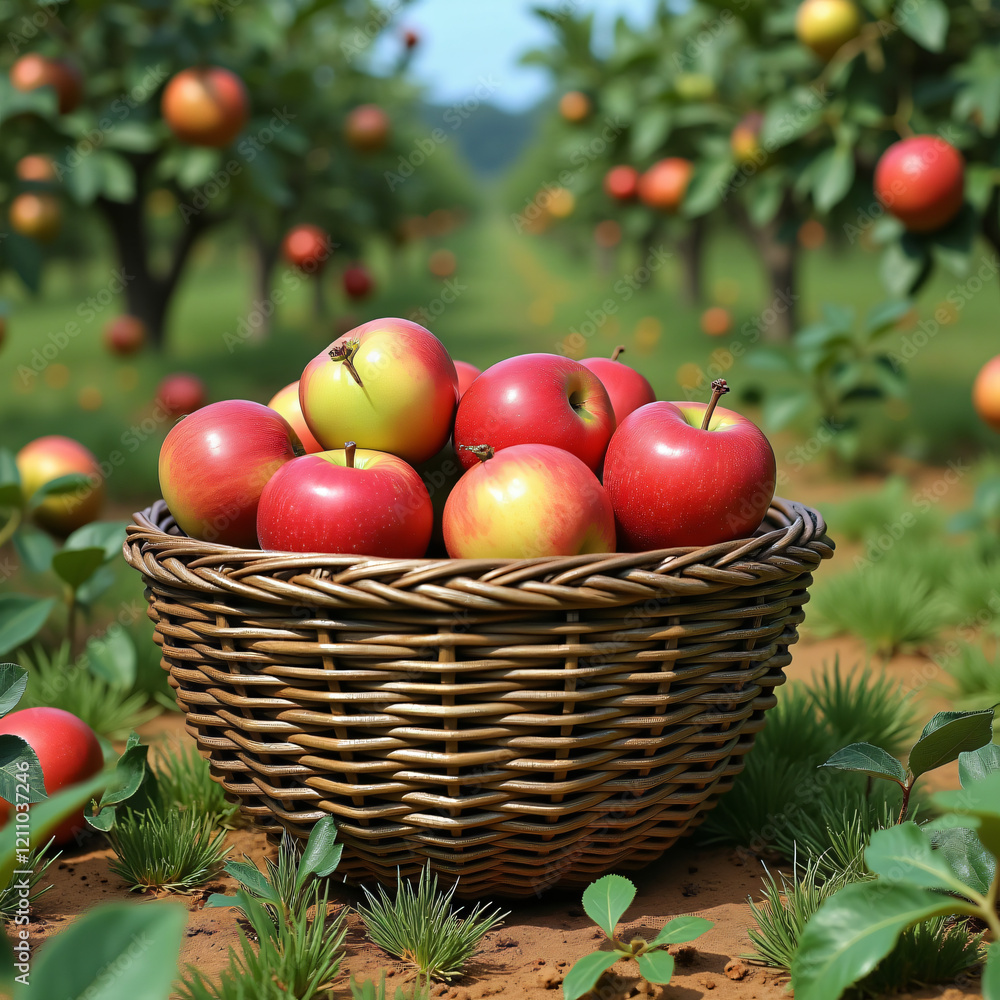 a rustic basket filled with freshly picked apples in an orchard a rustic basket filled with freshly picked apples in an orchard