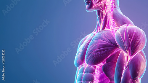 Anatomical visualization of human musculature digital art medical training vibrant colors high-resolution body awareness
