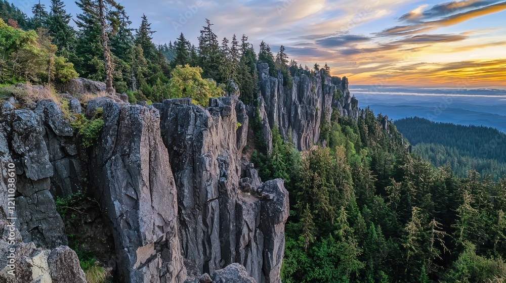 Dramatic sunset over a rocky cliff face, lush forest.