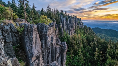 Obraz na płótnie Dramatic sunset over a rocky cliff face, lush forest. w salonie