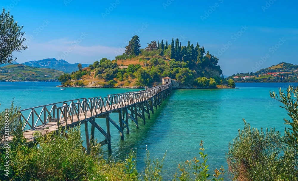 Beautiful wooden bridge leading to the small island in the transparent turquoise sea on a sunny summer morning, Chogee Island or Corfu, Greece. Europe travel background. Beautiful wooden bridge leading to the small island in the transparent turquoise sea on a sunny summer morning, Chogee Island or Corfu, Greece. Europe travel background.