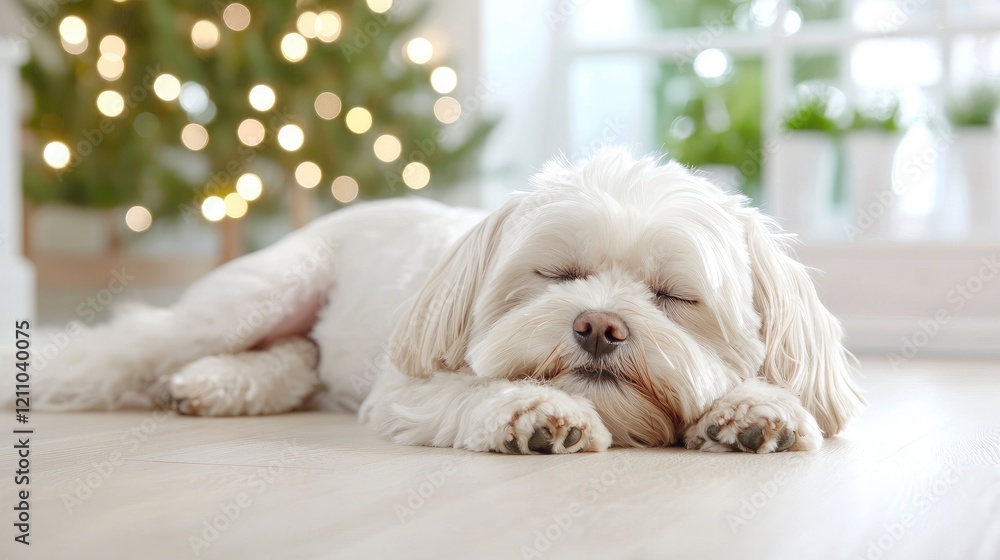Fluffy dog sleeping peacefully near Christmas tree. Holiday card, pet website Fluffy dog sleeping peacefully near Christmas tree. Holiday card, pet website