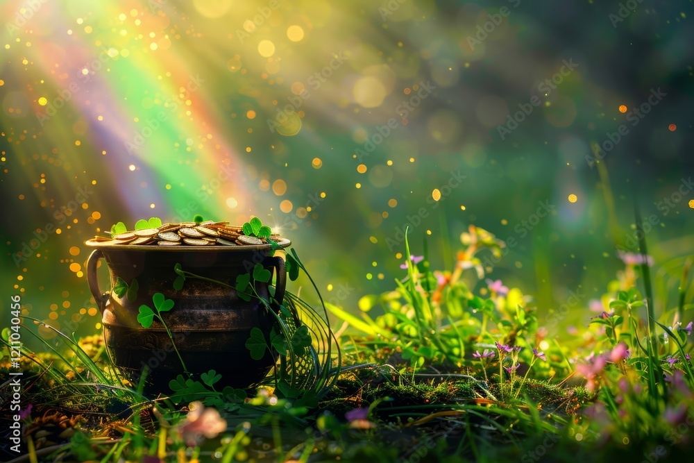 Magical st. patrick's day scene with pot of gold and clover in enchanting light Magical st. patrick's day scene with pot of gold and clover in enchanting light