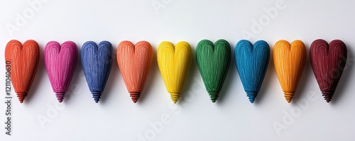 Colorful heart-shaped crayons, white background