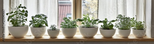 Wallpaper Mural Herbs in white pots on windowsill, sunlight, home gardening Torontodigital.ca