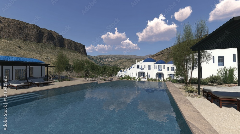 Fototapeta premium Desert resort pool, villas, mountains. Relaxation, vacation brochure use