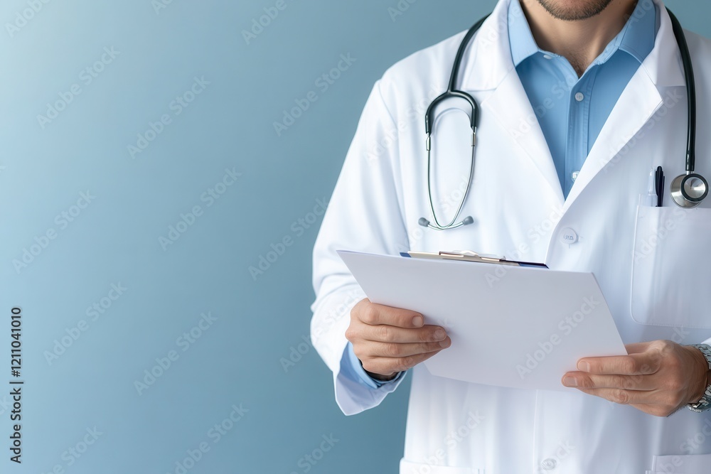 Doctor holding medical documents, blue background Doctor holding medical documents, blue background