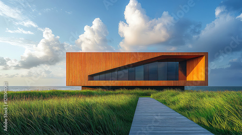 Fototapeta Naklejka Na Ścianę i Meble -  Modern wooden house on grassy dune overlooking ocean, sunset.