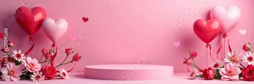 Colorful balloons and flowers against a pink backdrop, ideal for celebrations or events.