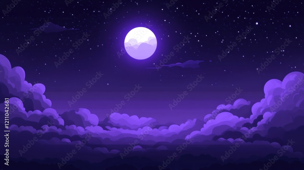 A tranquil night sky featuring a large moon and scattered stars above soft clouds. A tranquil night sky featuring a large moon and scattered stars above soft clouds.