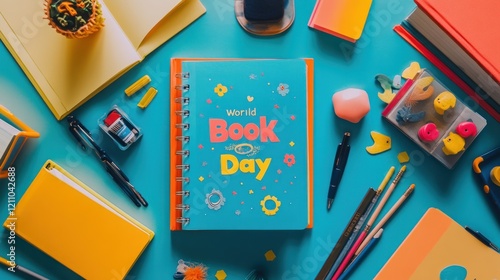 A Colorful Flat Lay of Books and School Supplies Celebrating World Book Day with bright vibrant colors