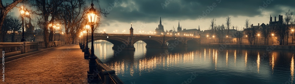Misty city river bridge at dawn