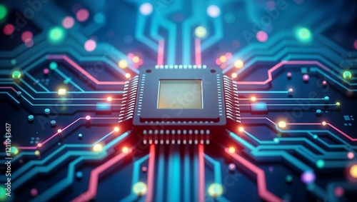 Microchip surrounded by colorful circuit pathways in high-tech environment under vibrant lighting