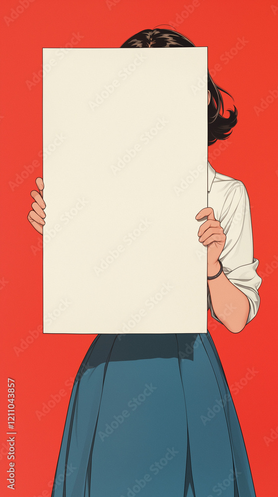 Obraz premium 何も書いてない白のカードを持った女性。80年代90年代の日本のアニメをモチーフにしたレトロなイラスト。スマートフォン9:16のアスペクト比