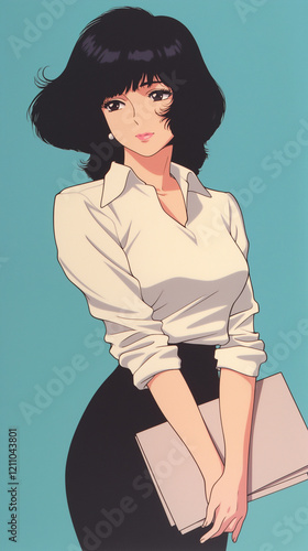 Obraz na płótnie 何も書いてない白のカードを持った女性。80年代90年代の日本のアニメをモチーフにしたレトロなイラスト。スマートフォン9:16のアスペクト比