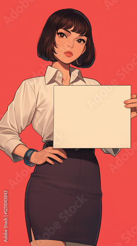 Obraz na płótnie 何も書いてない白のカードを持った女性。80年代90年代の日本のアニメをモチーフにしたレトロなイラスト。スマートフォン9:16のアスペクト比