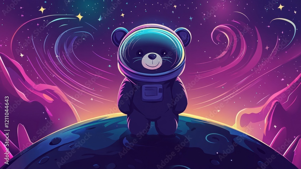 Adorable bear astronaut on a purple planet. Space adventure! Adorable bear astronaut on a purple planet. Space adventure!