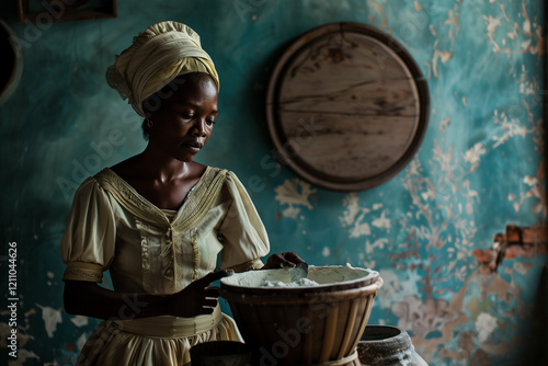 African Slave Maid working in colonial household during times of servitude and exploitation reflecting historical inequality photo