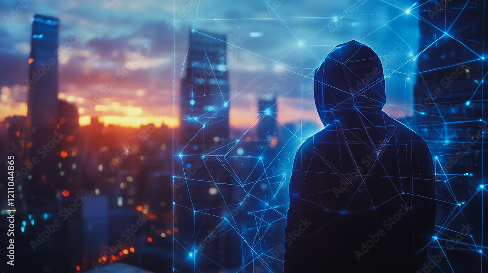 Obraz premium Hacker are planning to hack and attack networks and cyber security systems.Smart digital city with connection Innovation network reciprocity over the cityscape