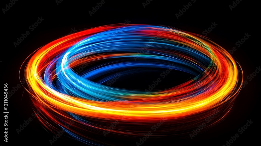 digital abstract artwork featuring a dynamic swirl of vibrant light trails against a black background with intertwined bands of red, orange, yellow and blue light creating a sense of motion and energy digital abstract artwork featuring a dynamic swirl of vibrant light trails against a black background with intertwined bands of red, orange, yellow and blue light creating a sense of motion and energy