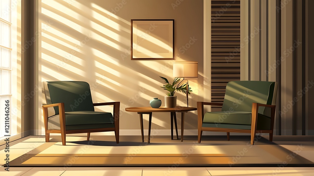 Fototapeta premium Sunlit Living Room with Two Armchairs and a Coffee Table