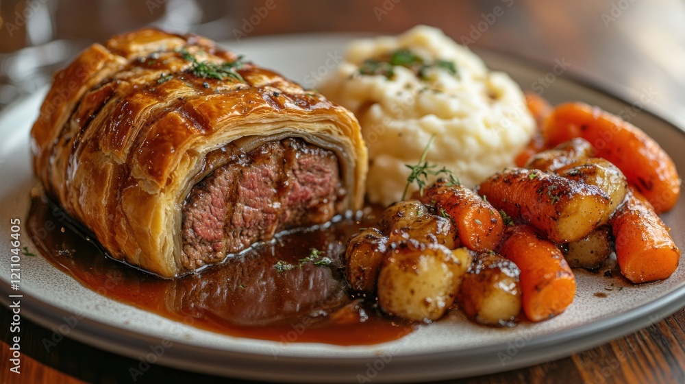 Gourmet beef wellington served with creamy mashed potatoes, glazed carrots, and a rich sauce Gourmet beef wellington served with creamy mashed potatoes, glazed carrots, and a rich sauce
